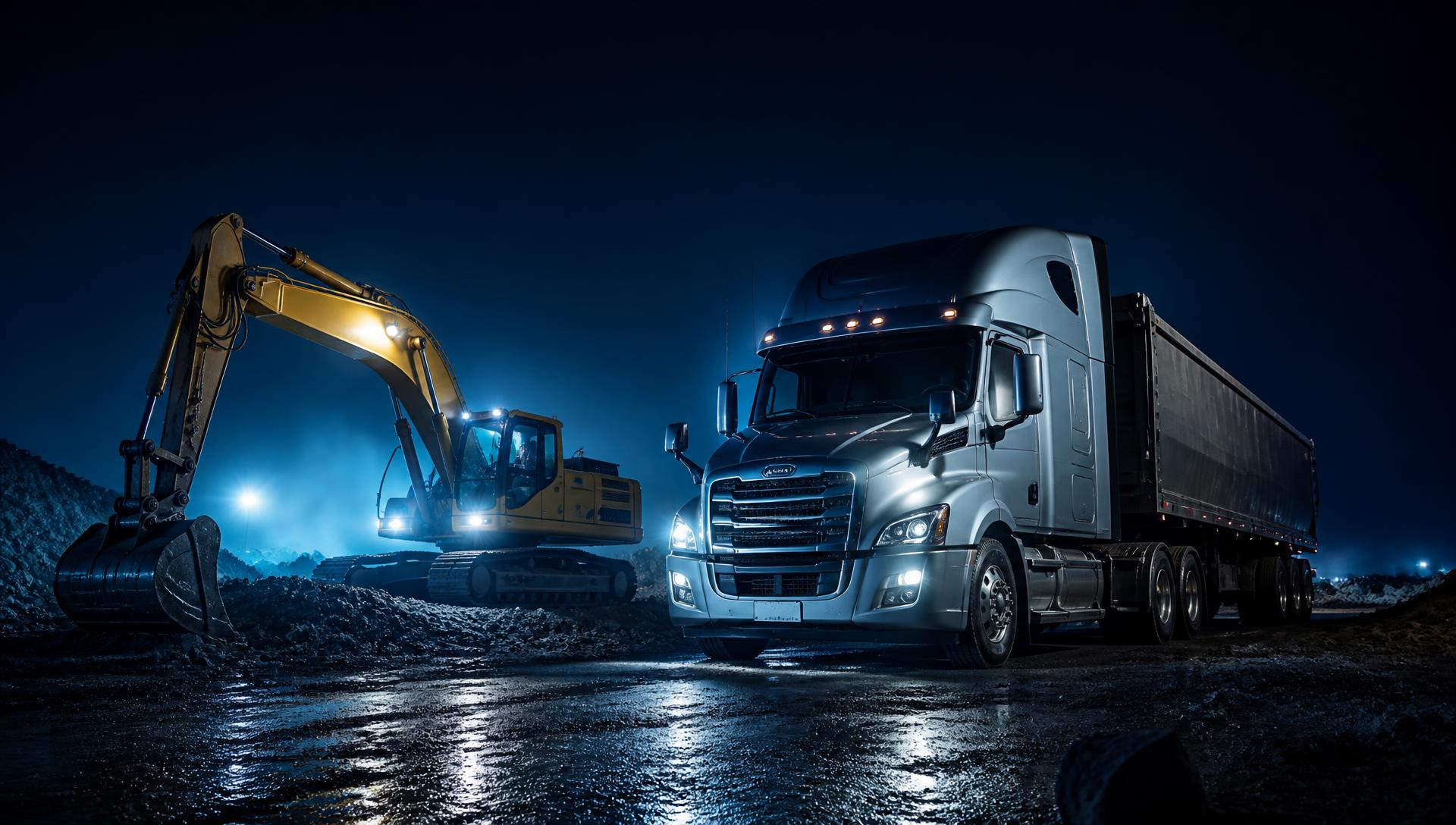 Heavy truck and excavator on a worksite at night
